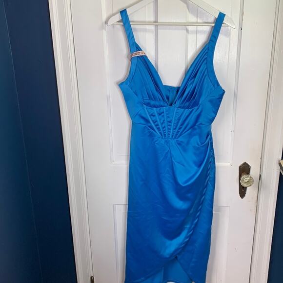Style of CB V-neck Blue Sleeveless Side Split Ruched Midi Dress NEW W-675 Sz M - Picture 5 of 14